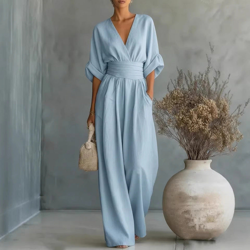 🎁👗 50% RABATT! Hochtaillierter Weitbein-Jumpsuit mit V-Ausschnitt – luftig, bequem, vielseitig – ideal für Reisen & Urlaub. 🏖️💫