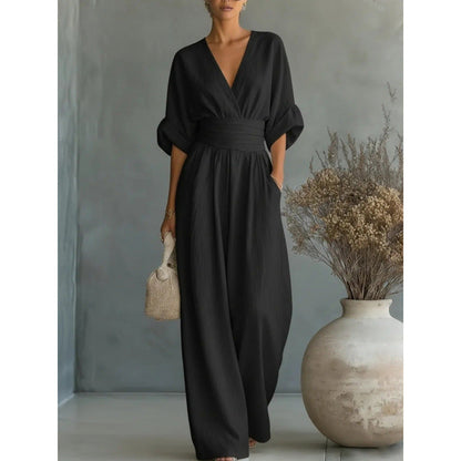 🎁👗 50% RABATT! Hochtaillierter Weitbein-Jumpsuit mit V-Ausschnitt – luftig, bequem, vielseitig – ideal für Reisen & Urlaub. 🏖️💫