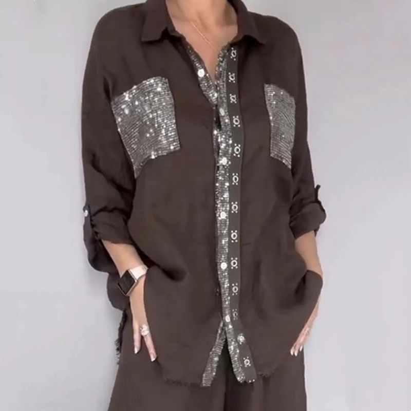 ⭐ 4,9 Sterne – nicht ohne Grund! Set aus Pailletten-Bluse und Hose mit weitem Bein für Damen