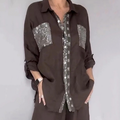 ⭐ 4,9 Sterne – nicht ohne Grund! Set aus Pailletten-Bluse und Hose mit weitem Bein für Damen