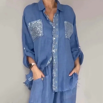 ⭐ 4,9 Sterne – nicht ohne Grund! Set aus Pailletten-Bluse und Hose mit weitem Bein für Damen
