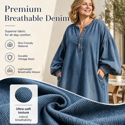 🌿 Maxi-Jeanskleid mit Laternenärmeln – atmungsaktiv und vielseitig für jeden Anlass