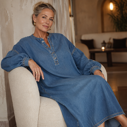🌿 Maxi-Jeanskleid mit Laternenärmeln – atmungsaktiv und vielseitig für jeden Anlass
