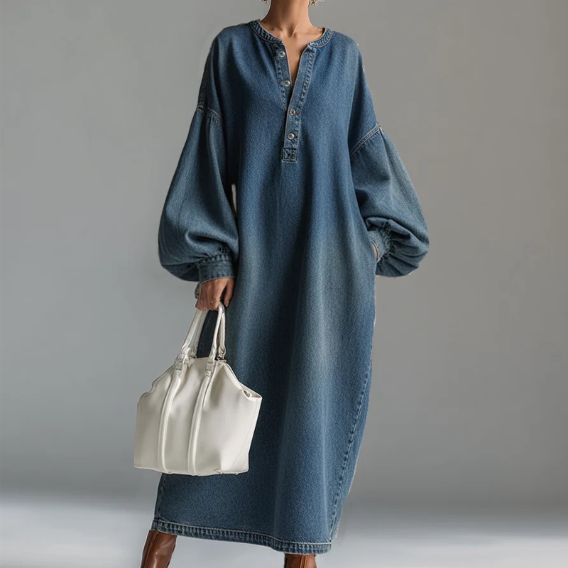 🌿 Maxi-Jeanskleid mit Laternenärmeln – atmungsaktiv und vielseitig für jeden Anlass