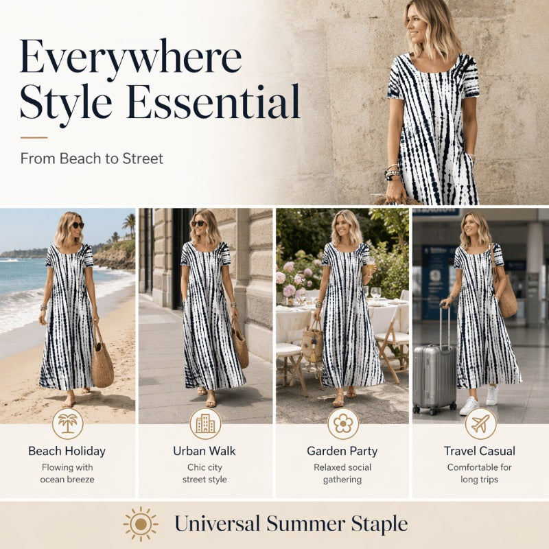 Aktueller Trend⭐💃 Fließendes Midi-Kleid im Tie-Dye-Look mit elegantem Fall – vielseitiger Stil für Urlaub und Stadtrundgänge