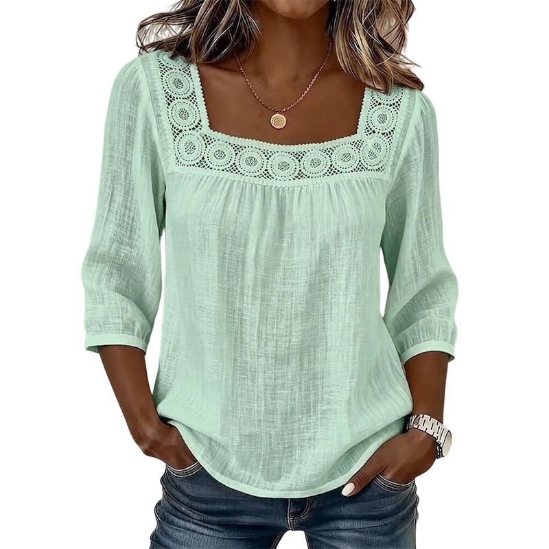 📢📢50%Rabatt!!!🎉✨Damen-Bluse mit Spitze und Häkelarbeit, eckiger Ausschnitt