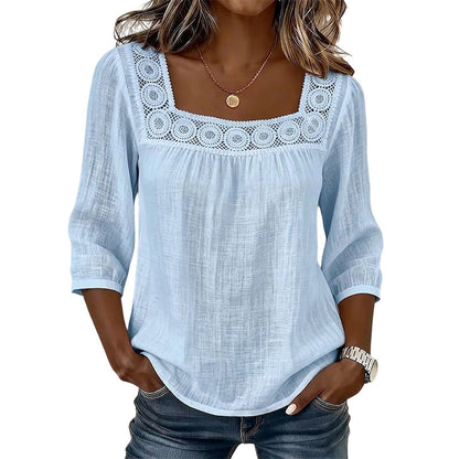 📢📢50%Rabatt!!!🎉✨Damen-Bluse mit Spitze und Häkelarbeit, eckiger Ausschnitt