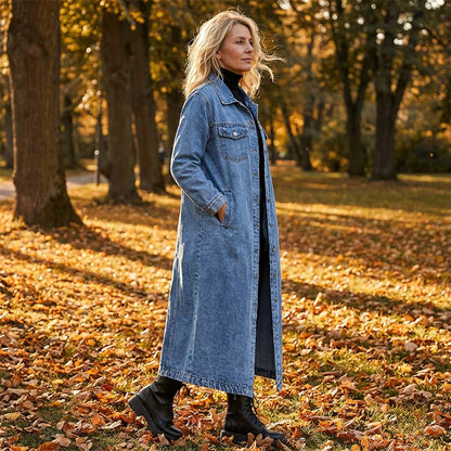 📢📢50%Rabatt!!!🎉✨Lässiger lang geschnittener Jeansmantel mit Knopfleiste für Damen