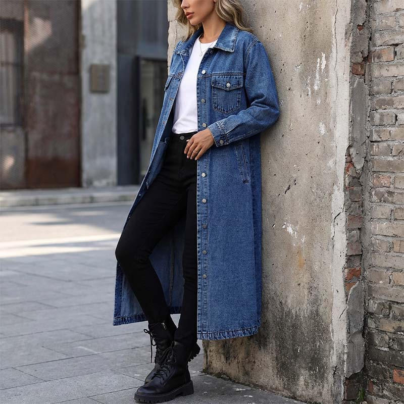 📢📢50%Rabatt!!!🎉✨Lässiger lang geschnittener Jeansmantel mit Knopfleiste für Damen