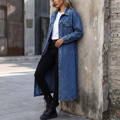 📢📢50%Rabatt!!!🎉✨Lässiger lang geschnittener Jeansmantel mit Knopfleiste für Damen