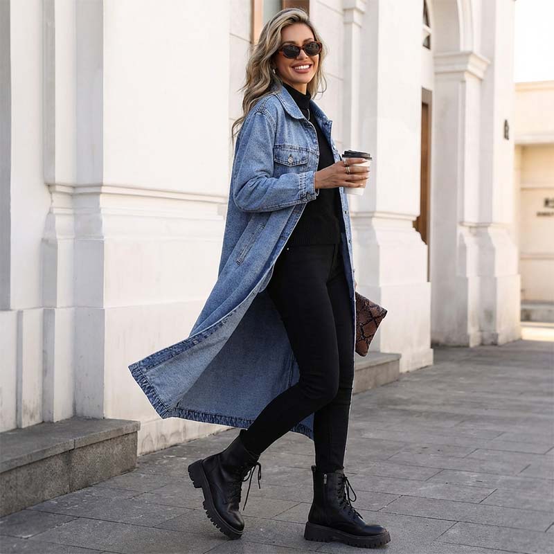📢📢50%Rabatt!!!🎉✨Lässiger lang geschnittener Jeansmantel mit Knopfleiste für Damen
