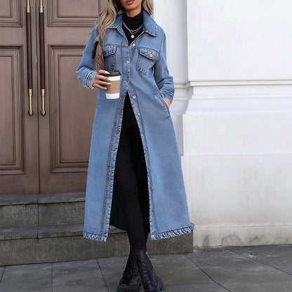 📢📢50%Rabatt!!!🎉✨Lässiger lang geschnittener Jeansmantel mit Knopfleiste für Damen
