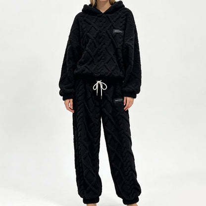 📢📢50%Rabatt!!!🎉✨Plüsch-Zopfmuster-Kapuzenpullover und -Hosen-Set für Damen
