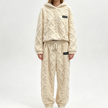 📢📢50%Rabatt!!!🎉✨Plüsch-Zopfmuster-Kapuzenpullover und -Hosen-Set für Damen