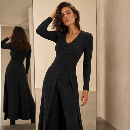 📢🎉50%Rabatt!!!🛍️✨ 2-teiliges Damen-Set: geripptes Longline-Top & schmale Hose