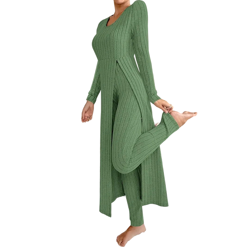 📢🎉50%Rabatt!!!🛍️✨ 2-teiliges Damen-Set: geripptes Longline-Top & schmale Hose