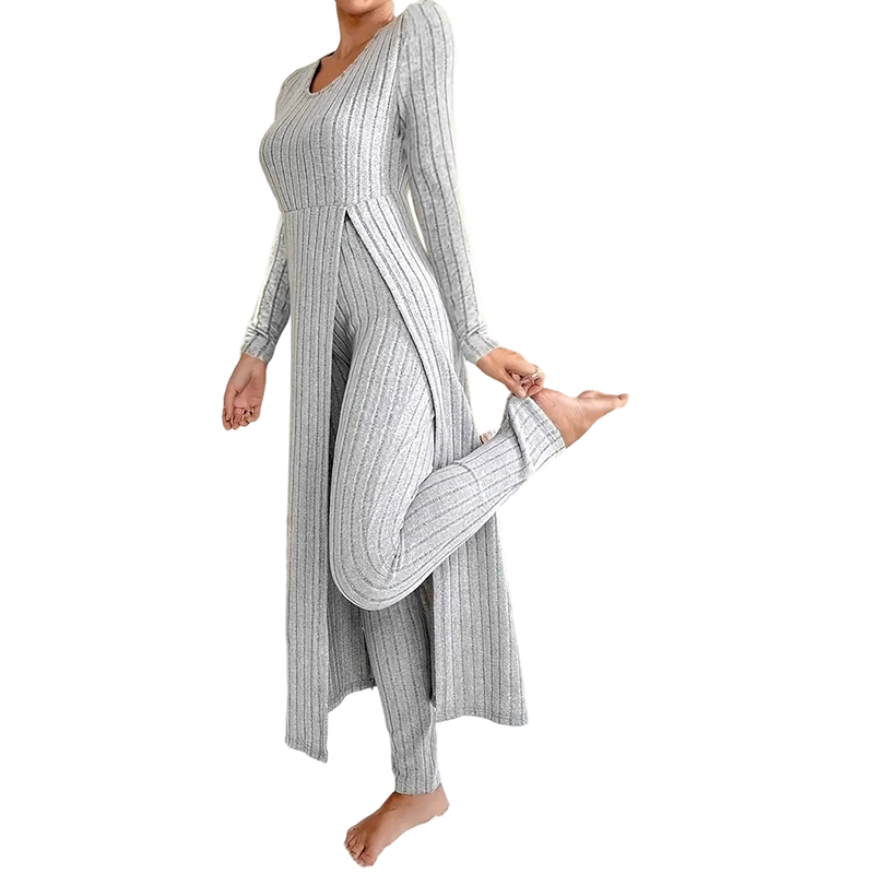 📢🎉50%Rabatt!!!🛍️✨ 2-teiliges Damen-Set: geripptes Longline-Top & schmale Hose