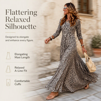 ✨ Zeitloser Statement-Look | Langärmliges Maxikleid für Damen mit Leopardenmuster