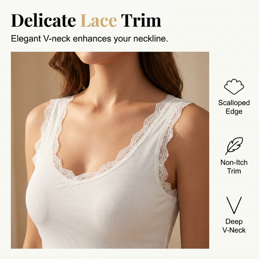 🔥✨ 1 GEKAUFT 1 GRATIS! Damen Slim Fit Rippträger – Integrierter Bügel-BH, Spitzenbordüre V-Ausschnitt, Dehnbarer Baumwollstoff, Glatter Rücken