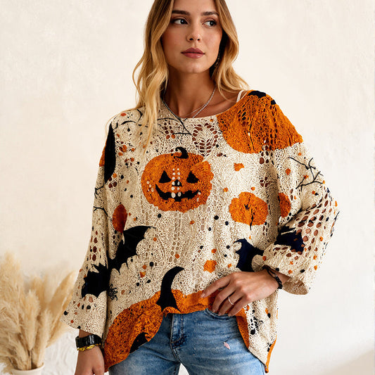 🎃✨ Bestseller –Damen-Halloween-Strickpullover im lockeren Schnitt mit Fledermausärmel