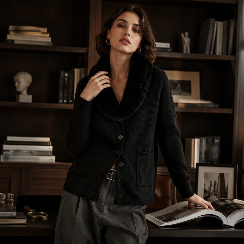 ✨ Neuheiten – Damen Strickcardigan mit Pelzkragen