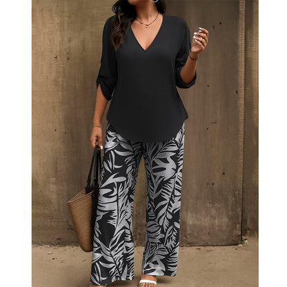📢📢50% Rabatt!!! 🎉✨ Damen-Set aus V-Ausschnitt-Bluse & bedruckter Weithose