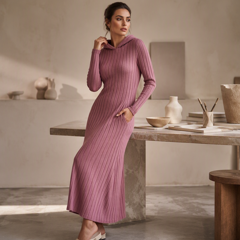 👗 50% Rabatt | Optisch längere Silhouette & gemütlicher Komfort – Rippstrick-Kapuzenkleid