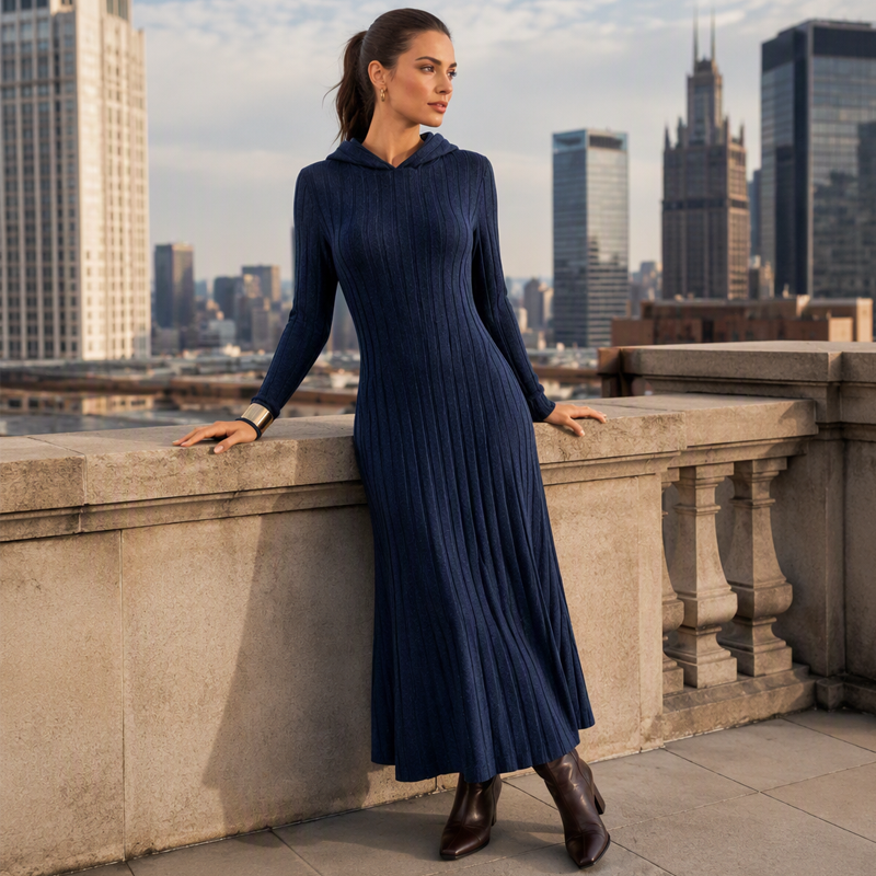👗 50% Rabatt | Optisch längere Silhouette & gemütlicher Komfort – Rippstrick-Kapuzenkleid