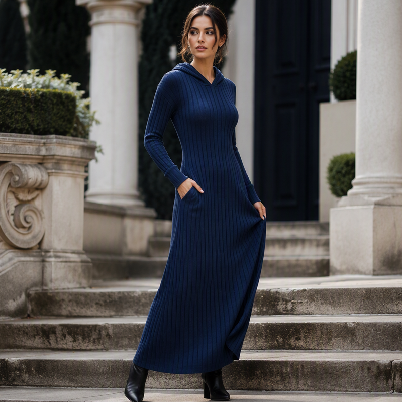 👗 50% Rabatt | Optisch längere Silhouette & gemütlicher Komfort – Rippstrick-Kapuzenkleid