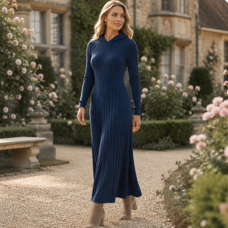 👗 50% Rabatt | Optisch längere Silhouette & gemütlicher Komfort – Rippstrick-Kapuzenkleid
