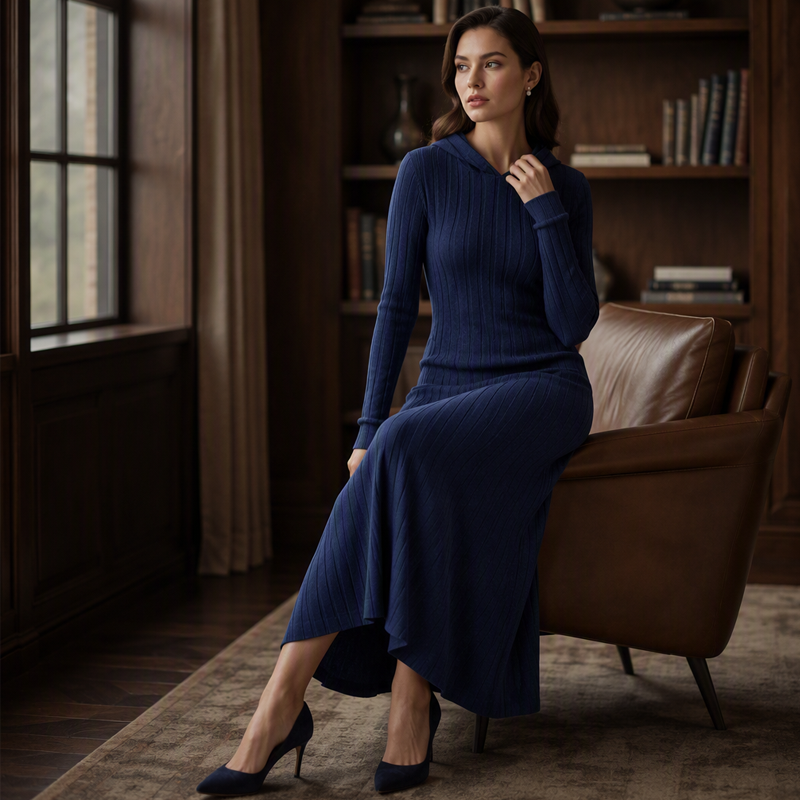 👗 50% Rabatt | Optisch längere Silhouette & gemütlicher Komfort – Rippstrick-Kapuzenkleid