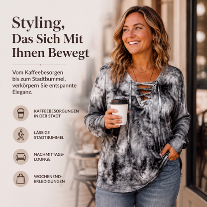 📢📢50% Rabatt!!! 🎉✨ Damen-Oberteil mit Batikmuster & Schnürung am V-Ausschnitt