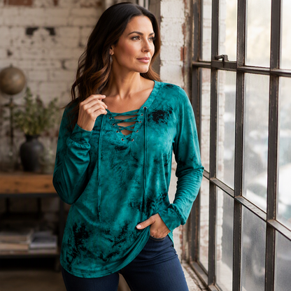 📢📢50% Rabatt!!! 🎉✨ Damen-Oberteil mit Batikmuster & Schnürung am V-Ausschnitt