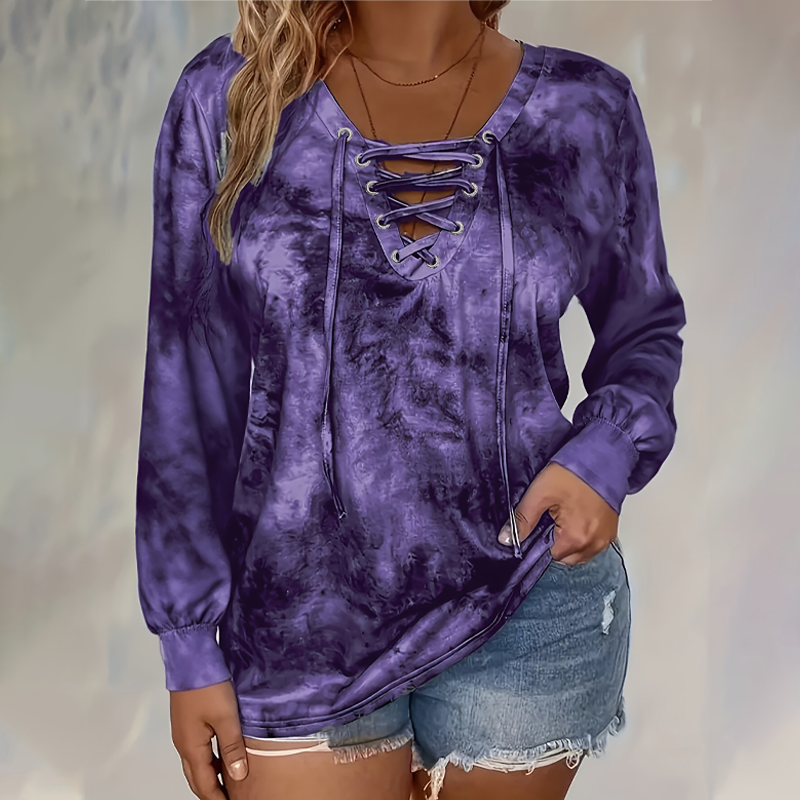 📢📢50% Rabatt!!! 🎉✨ Damen-Oberteil mit Batikmuster & Schnürung am V-Ausschnitt