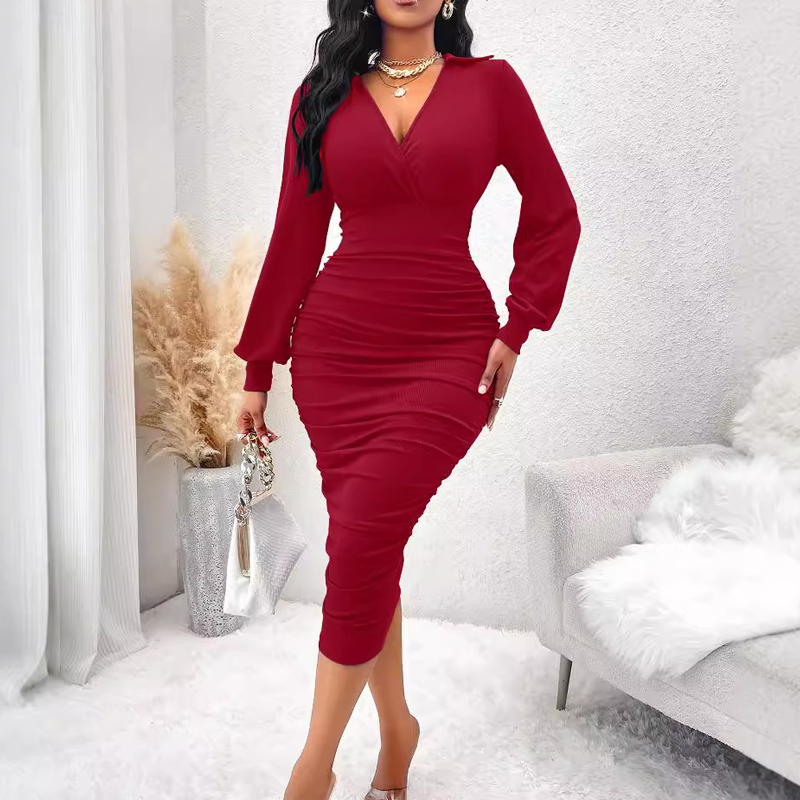 💎🔥 Jetzt im Trend – Damen V-Ausschnitt Ballonärmel gerafftes Bodycon-Kleid