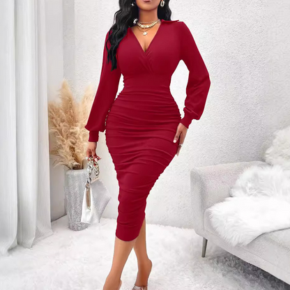 💎🔥 Jetzt im Trend – Damen V-Ausschnitt Ballonärmel gerafftes Bodycon-Kleid
