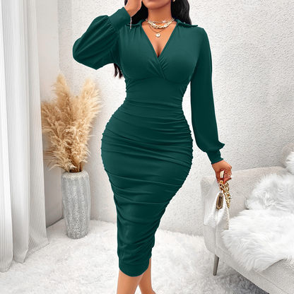 💎🔥 Jetzt im Trend – Damen V-Ausschnitt Ballonärmel gerafftes Bodycon-Kleid