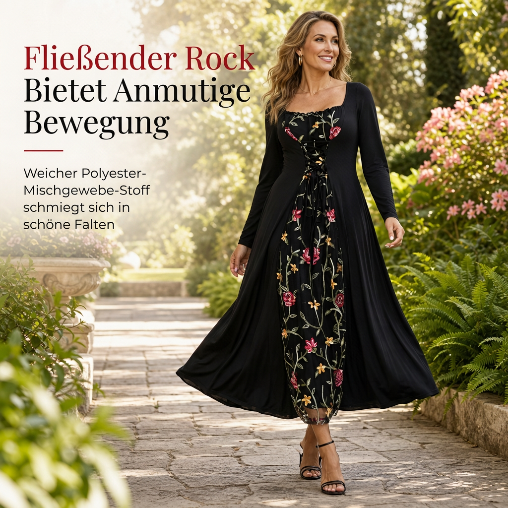 Schwarzes langärmeliges Corset-Maxikleid mit quadratischem Ausschnitt, Schnürung und floral besticktem Netzeinsatz