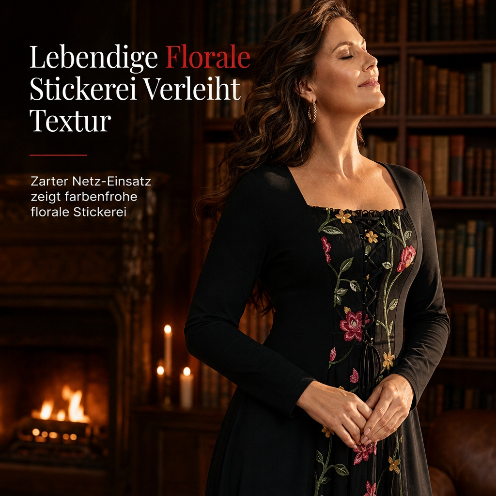 Schwarzes langärmeliges Corset-Maxikleid mit quadratischem Ausschnitt, Schnürung und floral besticktem Netzeinsatz