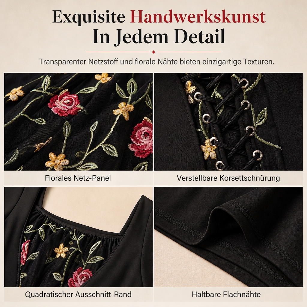 Schwarzes langärmeliges Corset-Maxikleid mit quadratischem Ausschnitt, Schnürung und floral besticktem Netzeinsatz