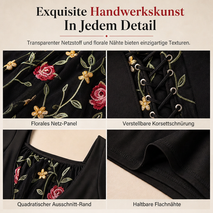 Schwarzes langärmeliges Corset-Maxikleid mit quadratischem Ausschnitt, Schnürung und floral besticktem Netzeinsatz