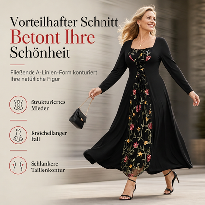 Schwarzes langärmeliges Corset-Maxikleid mit quadratischem Ausschnitt, Schnürung und floral besticktem Netzeinsatz