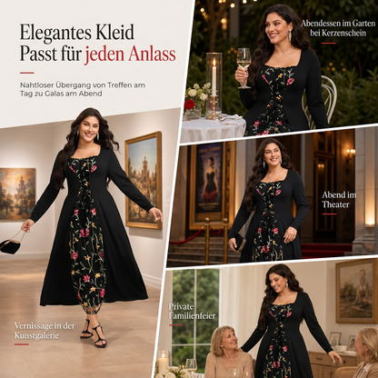 Schwarzes langärmeliges Corset-Maxikleid mit quadratischem Ausschnitt, Schnürung und floral besticktem Netzeinsatz