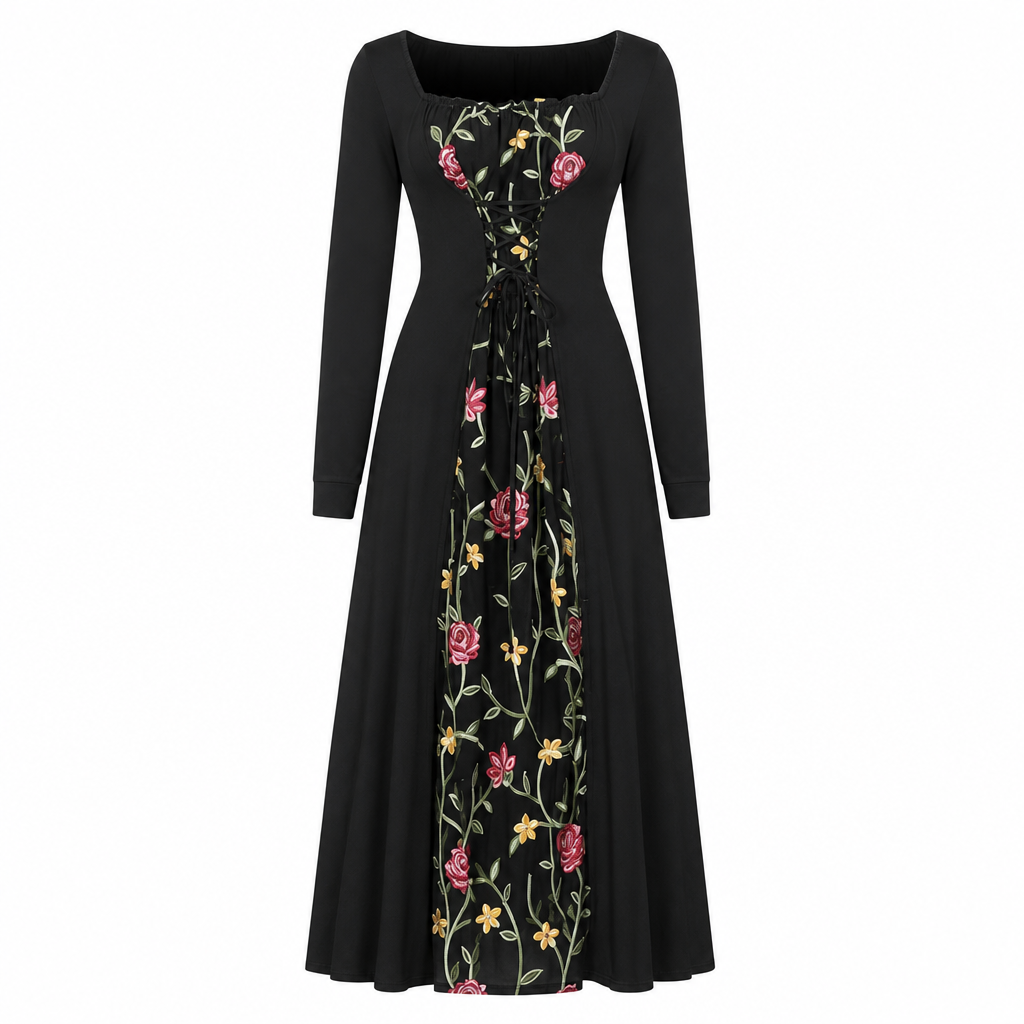 Schwarzes langärmeliges Corset-Maxikleid mit quadratischem Ausschnitt, Schnürung und floral besticktem Netzeinsatz