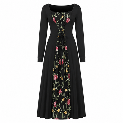 Schwarzes langärmeliges Corset-Maxikleid mit quadratischem Ausschnitt, Schnürung und floral besticktem Netzeinsatz