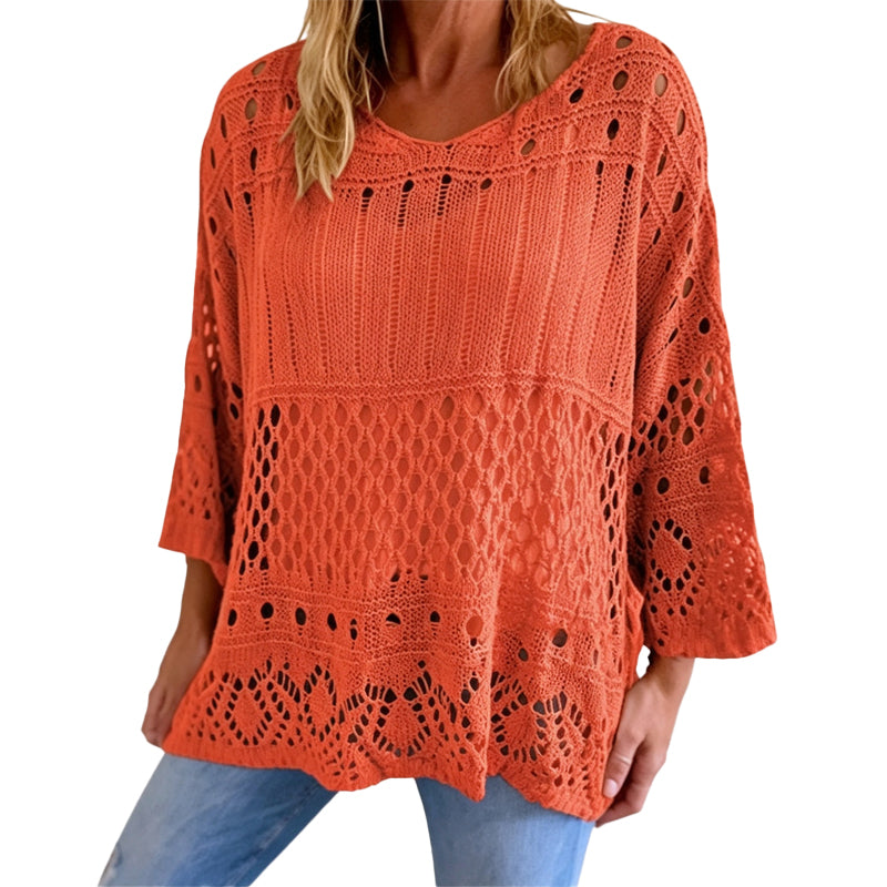 💎🔥 Jetzt im Trend –  Damen Lochstrick-Häkelpullover