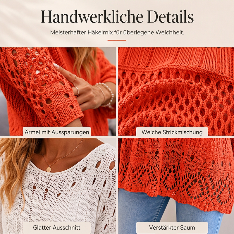 💎🔥 Jetzt im Trend –  Damen Lochstrick-Häkelpullover