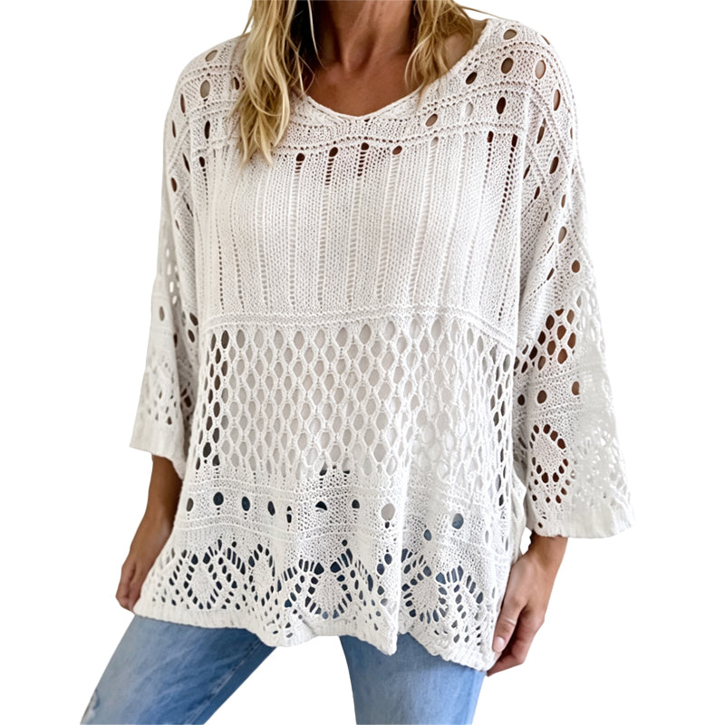 💎🔥 Jetzt im Trend –  Damen Lochstrick-Häkelpullover
