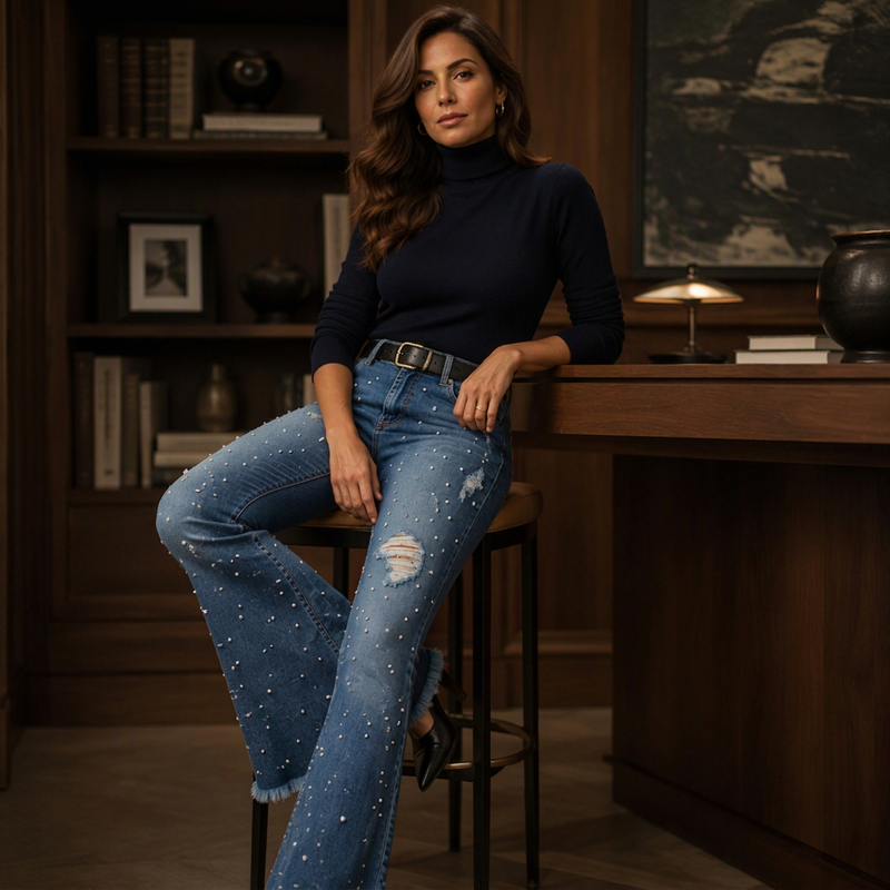 🔥Beliebtes Produkt ！✨Damen High-Waist Destroyed Flare Jeans
