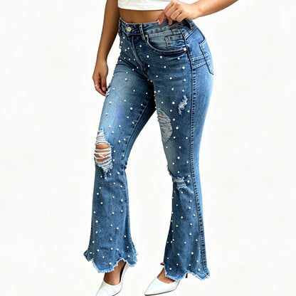 🔥Beliebtes Produkt ！✨Damen High-Waist Destroyed Flare Jeans